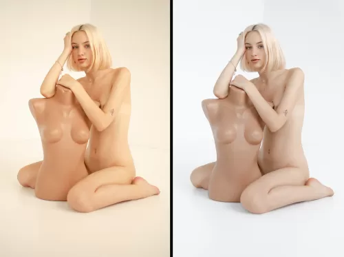 Студийная художественная портретная съемка модели с манекеном на светлом фоне до и после цветокоррекции